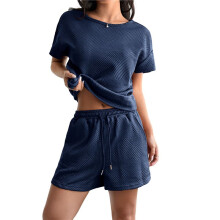 Damen-Loungewear-Set, Kurzärmlige Oberteile und Shorts, 2-Teiliges Outfit, Passendes Lounge-Pyjama-Set mit Taschen Marineblau S