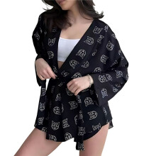 Ensemble Pyjama Ample Imprimé pour Femme, Décontracté, à Lacets, Manches Longues, Short Taille Haute, Vêtements de Maison Noir L