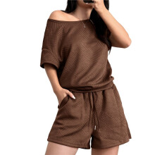 Damen-Loungewear-Set, Kurzärmlige Oberteile und Shorts, 2-Teiliges Outfit, Passendes Lounge-Pyjama-Set mit Taschen  L