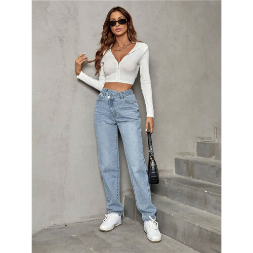 Jean Ample Taille Haute Décontracté pour Femme Bleu M 2