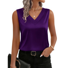 Women's silk camisole, V-neck casual top,-dep puple L