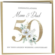 Oscar Finks 50th Golden Wedding Anniversary Card for Parents, for Mum & Dad, White Floral Design, 350gsm Card #1800