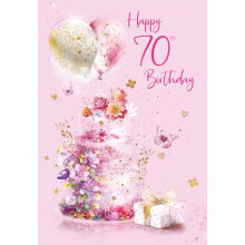 Cherry Orchard | Gorgeous Ladies 70th Birthday Card | Artistic Floral Cake & Balloons | Gold Foil Text & Details.