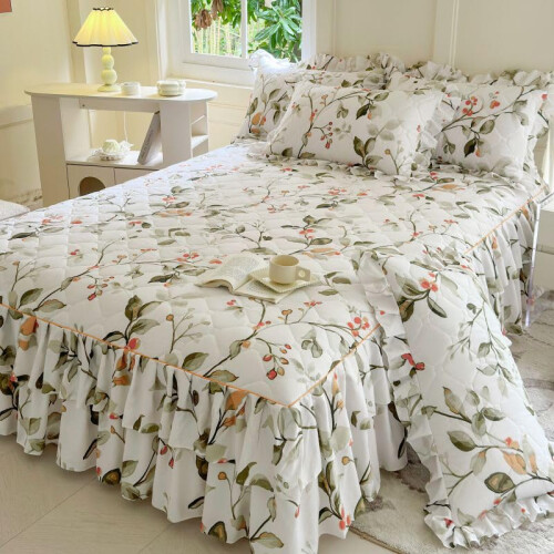 Twin Bedspread Set Quilted Ruffled Microfiber with Skirt and 2 Pillowcases for Bedroom Decor 2