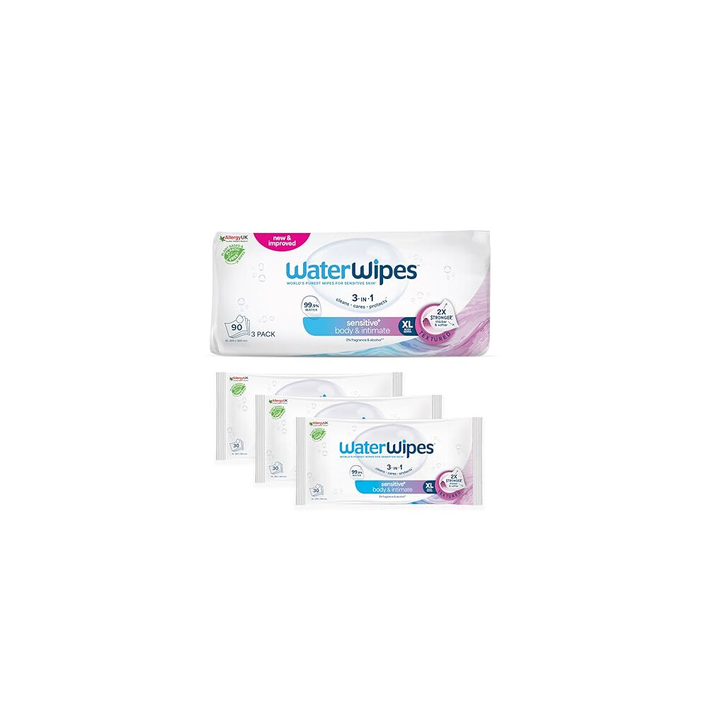Waterwipes Sensitive Body Intimate Wipes 90 Wipes 3 Packs 3In1 Cleans Cares Protects 999 Water Unscented Hygiene Wet Wipes Adult Care