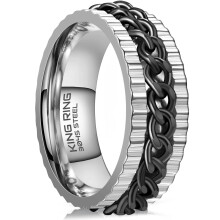 Fidget Spinner Ring 8mm Stainless Steel Curban Chain Design Silver Black K14 Size 11 for Men and Women