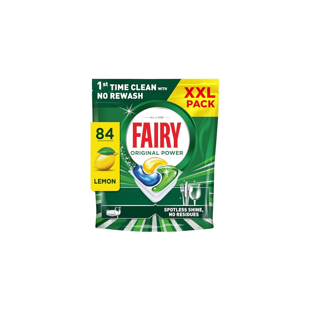 Fairy Original Power Dishwasher Tablets Lemon, 84 Capsules, 1St Time Cleaning Action With No Rewash, Effective On 100% Grease, Spotless Shine Without
