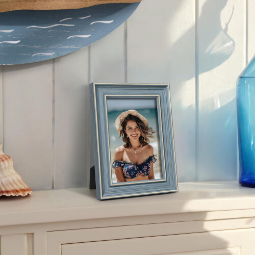 Vintage blue picture frame 4x6 with gold line 1
