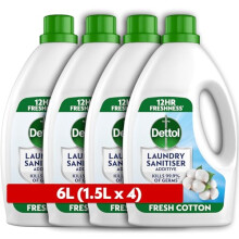 Dettol Laundry Sanitiser, Antibacterial, Fresh Cotton, 6L (1.5L x 4pck) 12hr Freshness, Hygienically Clean, Removes Odour, Kills 99.9 Percent of Bact