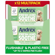 Andrex Fresh and Soothe Hygiene Wipes, 12 Packs - Flushable Toilet Wipes - Skin Kind - Contains Aloe Vera and Prebiotic Lotion- Biodegradable and Pla