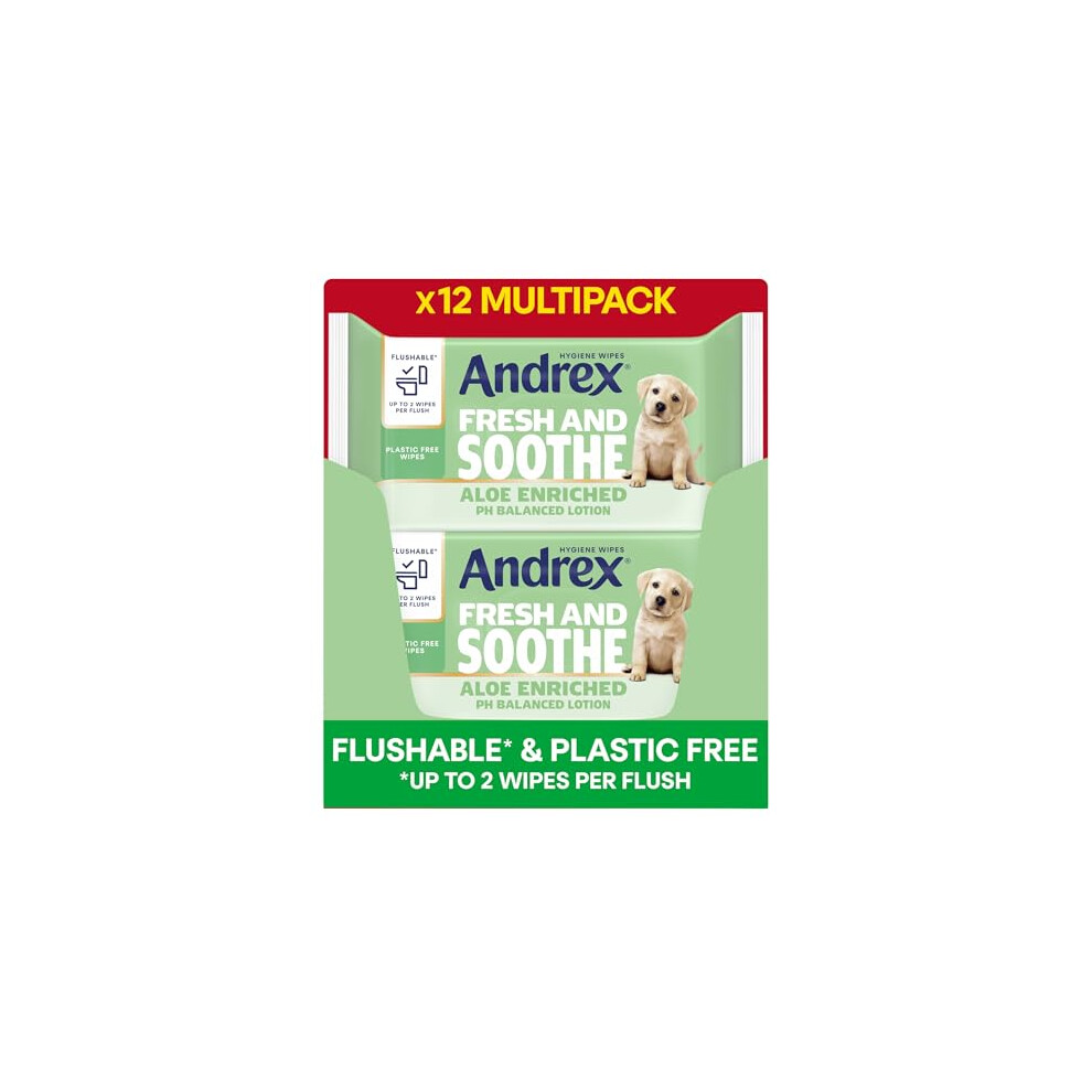 Andrex Fresh And Soothe Hygiene Wipes, 12 Packs - Flushable Toilet Wipes - Skin Kind - Contains Aloe Vera And Prebiotic Lotion- Biodegradable And Pla