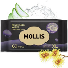 MOLLIS Flushable Toilet Wipes, Extra Large Unscented Wet Wipes for Adults, 100% Plant-Based with Witch Hazel & Vitamin E, Sewer & Septic Safe, 60 Cou