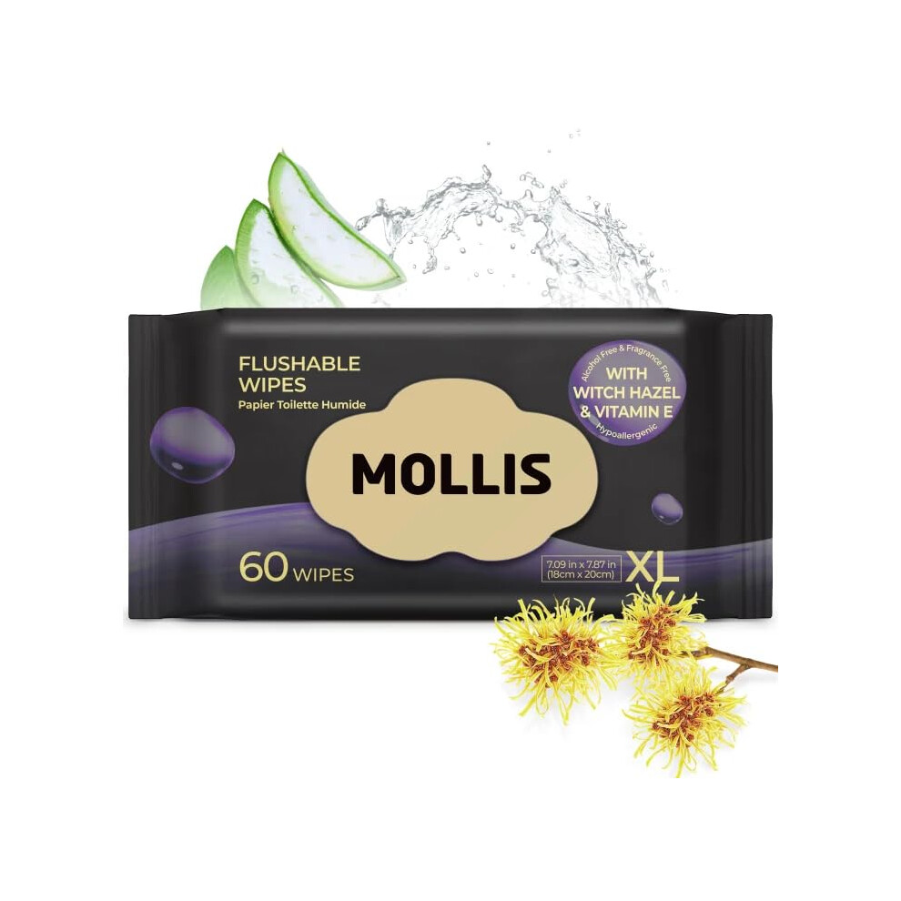 Mollis Flushable Toilet Wipes, Extra Large Unscented Wet Wipes For Adults, 100% Plant-Based With Witch Hazel & Vitamin E, Sewer & Septic Safe, 60 Cou