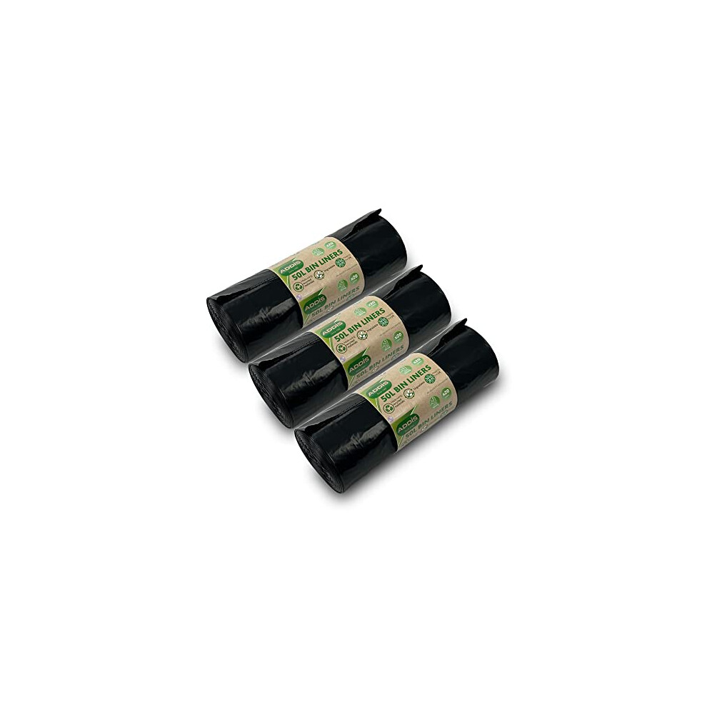 Addis 50 Litre Kitchen Waste Trash Degradable Bin Liners Strong, Bulk 3X 20 Roll Packs, Total 60 Liners, New Recycled Black
