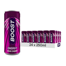 Boost Energy Drink Cherry Flavour 24 Pack Drinks with Caffeine Taurine and Vitamin B Carbonated Energy Drinks Gluten Free Vegan Low Calorie Fizzy D