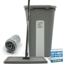 Flat Mop and Bucket Set with 360 Swivel Head, 2 Microfibre Mop Heads, Built In Bucket Wringer & Scraper, Easy to Use Mops for Cleaning Floors in Bat