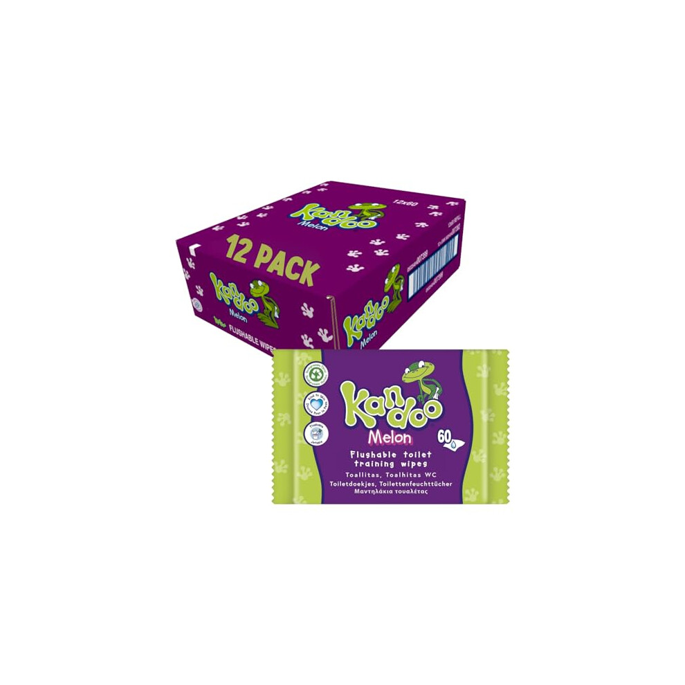 Melon Flushable Moist Toilet Wipes, 12 X 60 Wipes ( Total 720 ), Biodegradable And Plastic Free, Wet Toilet Tissues For Toddlers, Melon Scente Kandoo