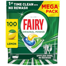 Fairy Original Power Dishwasher Tablets Lemon, 100 Capsules, 1st Time Cleaning Action With No Rewash, Effective on 100% Grease, Spotless Shine Withou