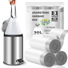BODFPPC Bin Bags 30L, 45 Counts Tear-Free Drawstring Bin Liners, 20um Thickened Heavy Duty Tall Kitchen Bathroom Garbage Bags 30 Litres White