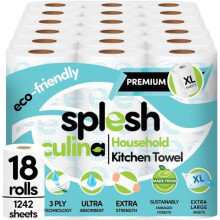 Splesh Culina Kitchen Towel - 18 XL Rolls (1242 Sheets) 3 Ply Ultra Absorbent & Extra Strong, Large Eco-Friendly Household Kitchen Rolls - 69 Super S