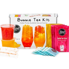 Fruit Bubble Tea Kit Gift Box | 6 Servings | Set Includes Mango and Strawberry Syrups, Cherry and Peach Popping Boba, Tea Bags and Paper Straws | by