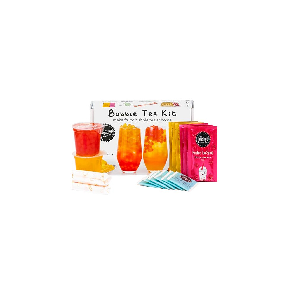 The *Teashed Fruit Bubble Tea Kit Gift Box | 6 Servings | Set Includes Mango And Strawberry Syrups, Cherry And Popping Boba, Tea Bags And Paper Straws | By Peach