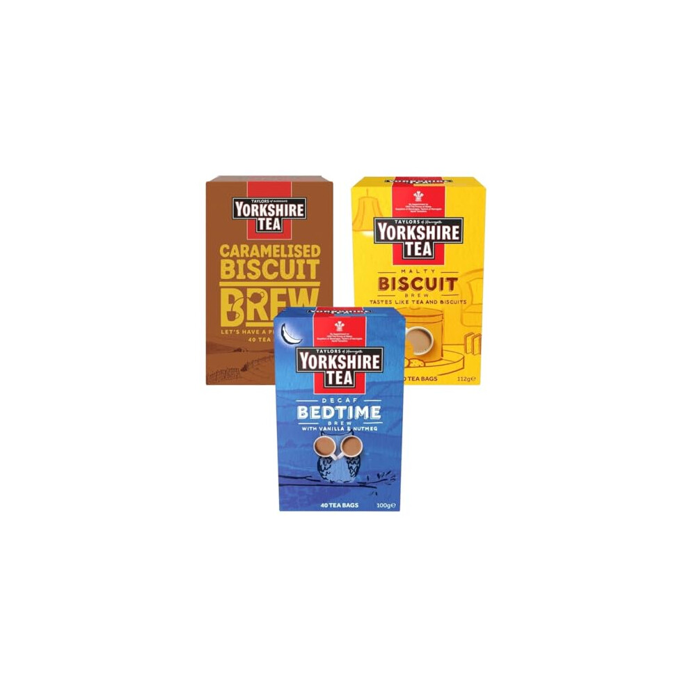 Yorkshire Tea Variety Pack X40 Tea Bags - Malty Biscuit, Decaf Bedtime, Caramelised Biscuit Brews (Pack Of 3, Total 120 Tea Bags)