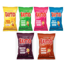 Tayto 36 x 25g Mix Box Potato Flavoured Chips, 8 x Cheese & Onion,8 x Smoky Bacon.6 x Wuster Sauce, 6 x Prawn Cocktail,6 x Spring Onion,2 x Salt &