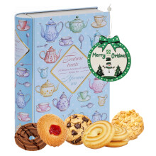 Afternoon Tea Book Biscuit Tin - Decorative Pastel Blue Book Filled with Assorted Chocolate Biscuits 260g & Christmas Tree Decoration. Biscuits G