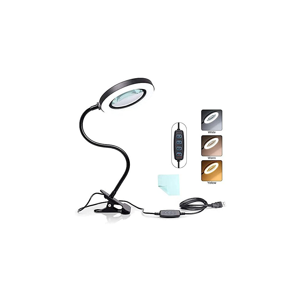 Light 5X Magnifying Glass With Hands Clip On Magnifier With Adjustable Gooseneck And Dimmable Brightness For Reading, Crafts, Sewing