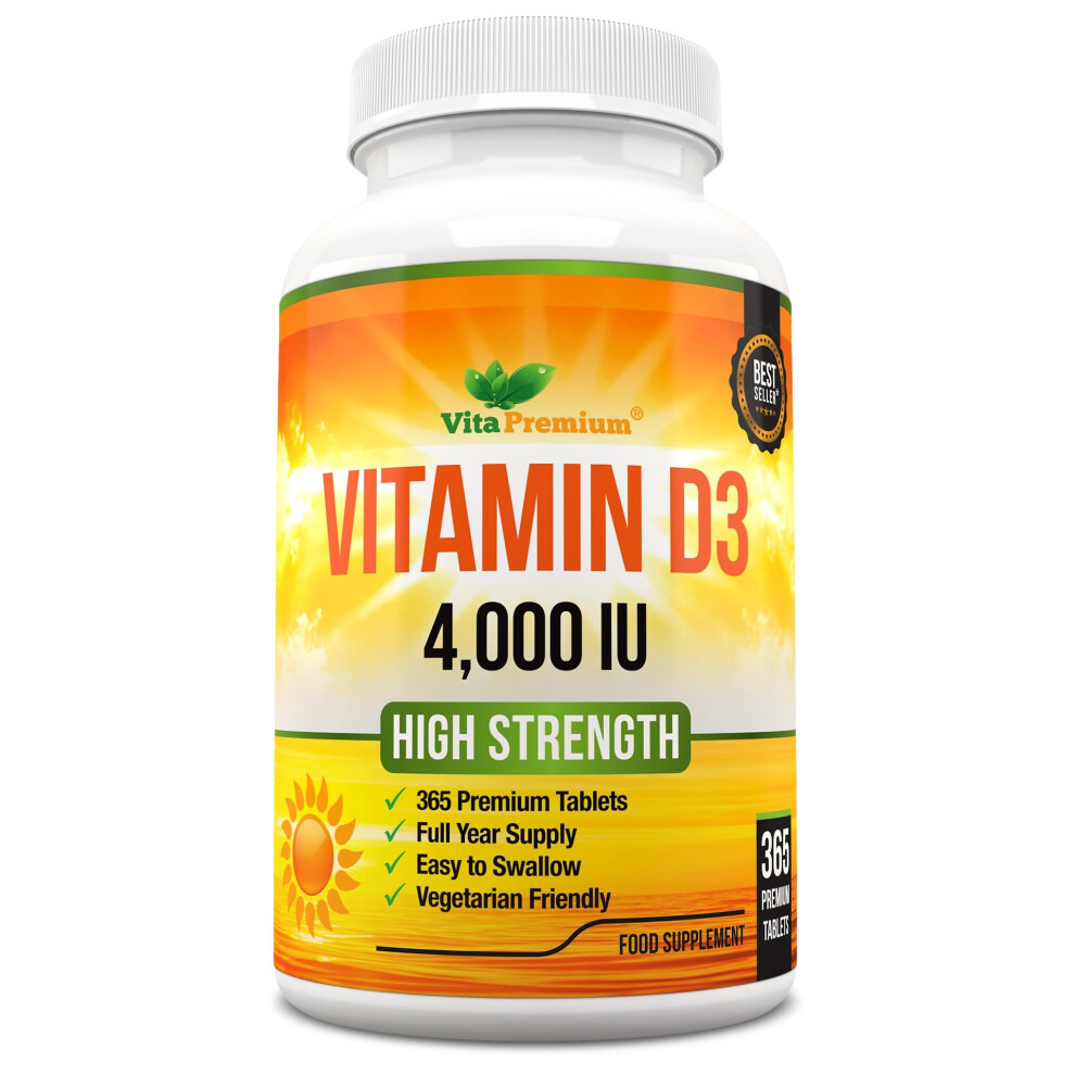 Vitapremium Vitamin D 4,000 Iu Tablets, Maximum Strength Vitamin D3 Supplement, 365 Easy To Swallow Tablets - Full Year Supply