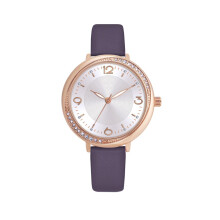 COMTEX Women's Crystal-Embellished Watch, Rose Gold Case, Purple Leather Band White Dial Elegant Quartz Wristwatch