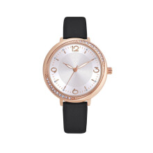 COMTEX Elegant and Fashionable Women's Watch with Black Crystal Bezel Decoration, White dial, Black Belt, Quartz Watch