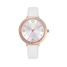COMTEX White Leather Strap Watch, Rose Gold Crystal Bezel Decoration, Arabic Numerals dial, Quartz Women's Watch