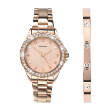 Sekonda Elizabeth Gift Set Rose Gold Bracelet Pink Dial Rose Gold Bangle Women's Quartz Watch 33mm with Stone Set Case, Analogue Display and Stai