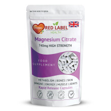Red Label Health Magnesium Citrate 30 Capsules 740mg Provides 200mg Elemental Magnesium Highly Absorbable Bone, Muscle, Energy Support One a Day