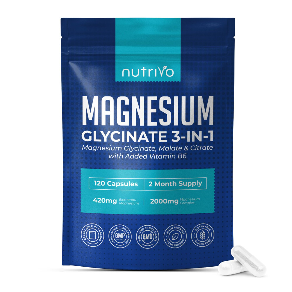 Nutrivo Magnesium Glycinate 3-In-1 Complex 2000Mg | Magnesium Glycinate, Malate & Citrate With Vitamin B6 | 120 Capsules - 2 Months Supply | High Absorption