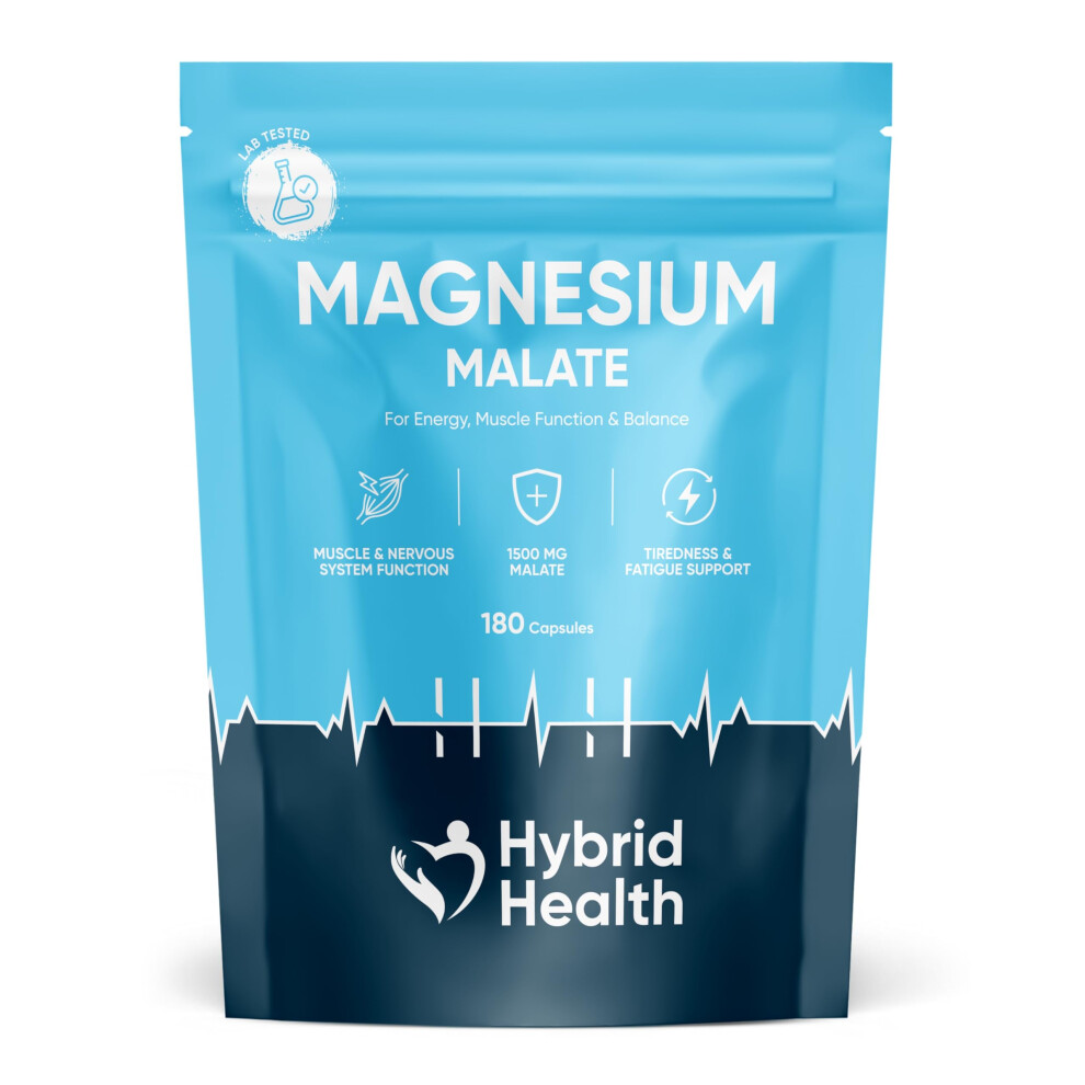 Hybrid Health Magnesium Malate 1500Mg Supplement - 180 Vegan Capsules, High-Strength Formula, Independently 3Rd Party Lab Tested, 3 Months Supply