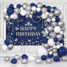 Navy Blue and Silver Balloon Garland Kit with Backdrop, Denim Diamond Birthday Party Decorations for Women