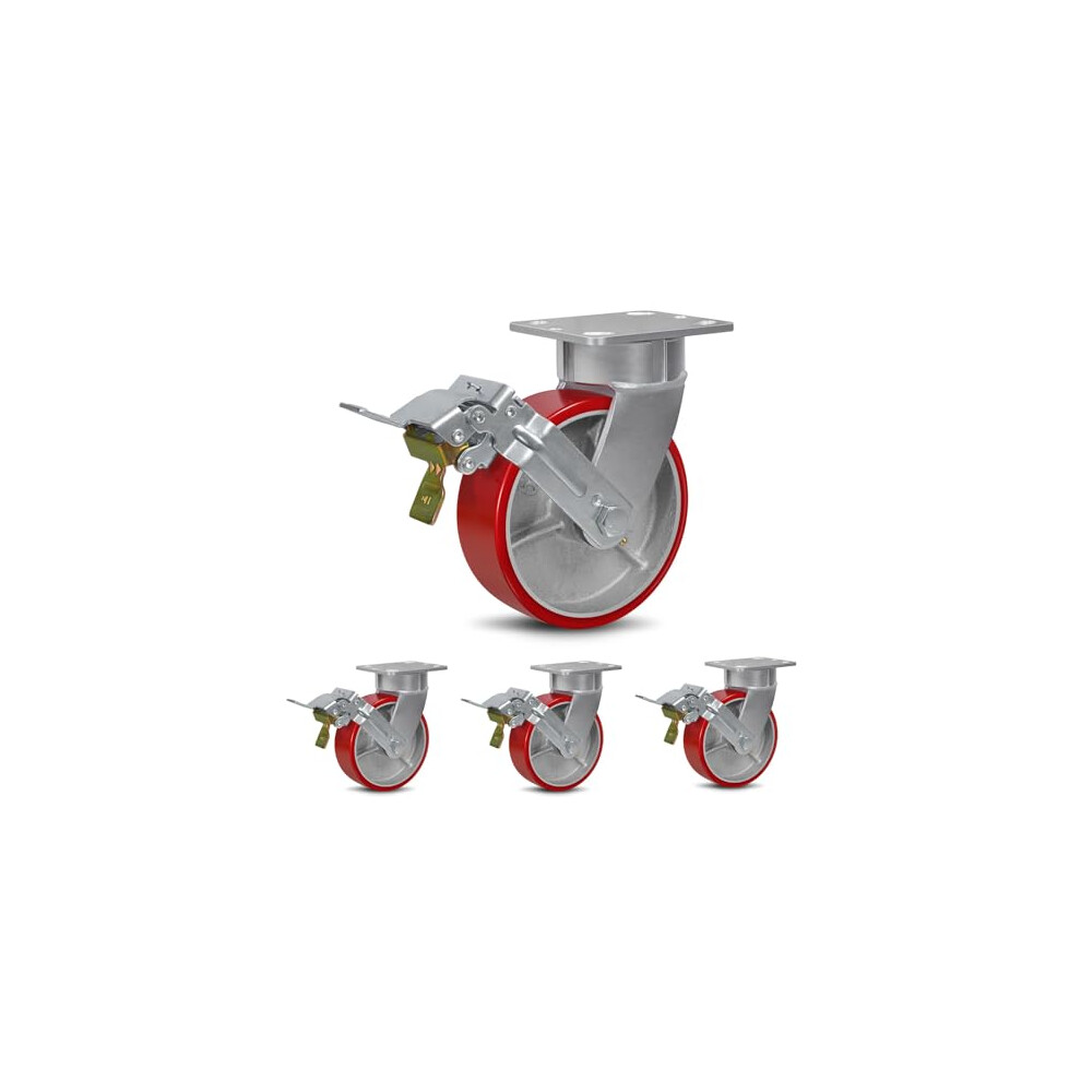 6 Inch Kingpinless Heavy Duty Casters With Brake, Polyurethane Industrial Caster Wheels Set Of 4, 7200 Lbs Capacity 9310869768029