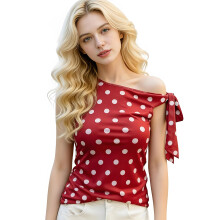 (L, Red) Women's One Shoulder Tank Tops Stylish Dot Pattern Sleeveless Tie Side Slim Fit Vest for Summer Party