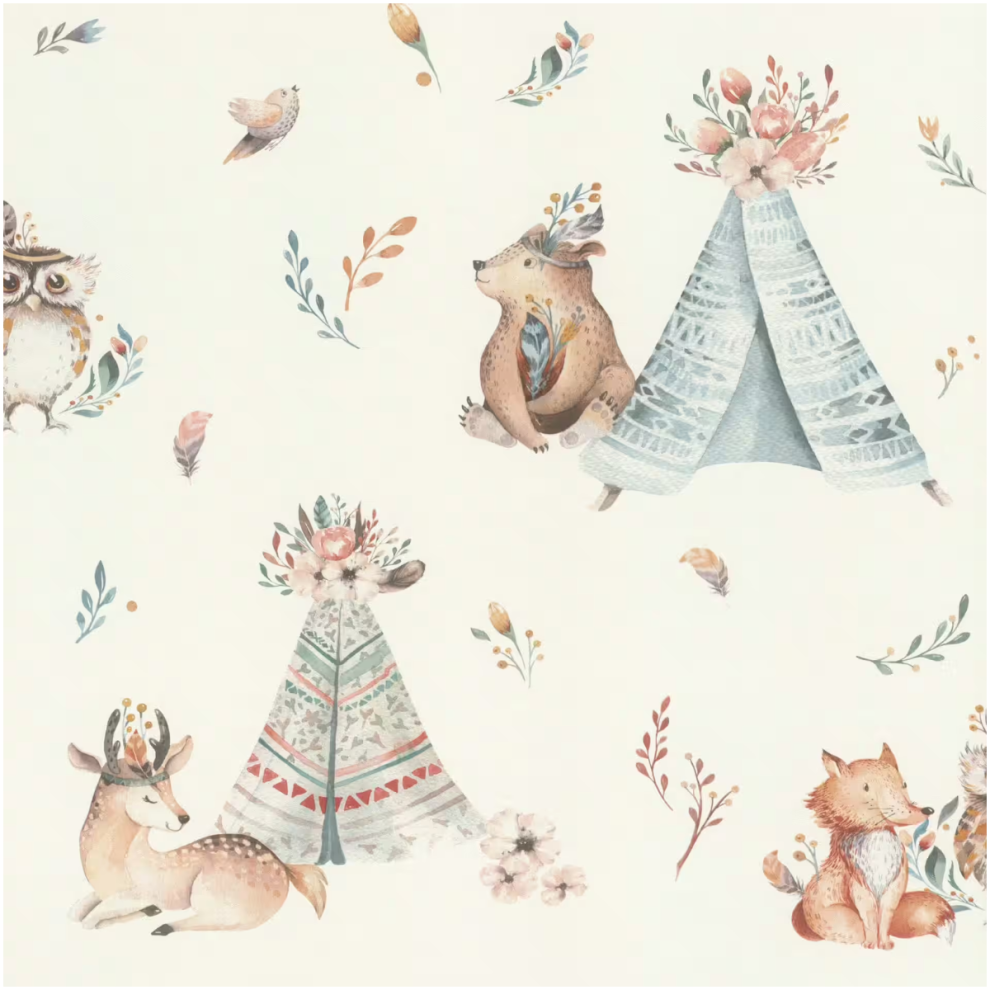 Kids Wallpaper Blue Beige Woodland Animals Teepee Nursery Watercolour 4000441301410