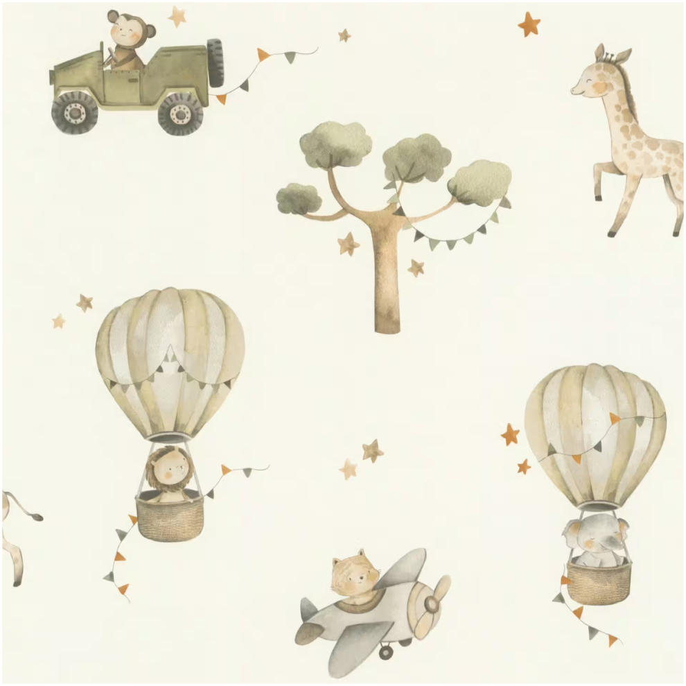 Kids Wallpaper Green Beige Safari Animals Balloons Nursery Adventure Theme 4000441302011
