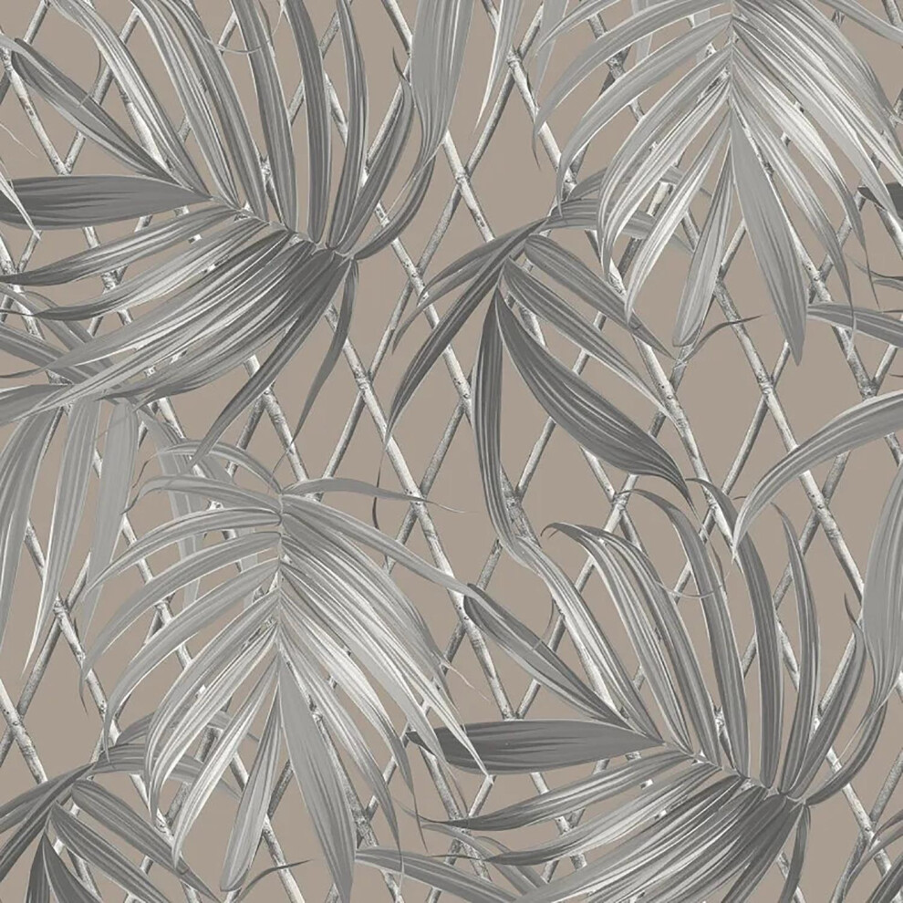 Yöl Palm Leaf Wallpaper Taupe Heavyweight Vinyl Bamboo Trellis Tropical Grey