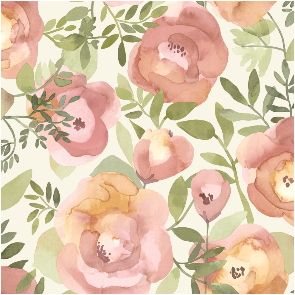 Bloom Floral Wallpaper Watercolour Flowers Feature Wall Cream Pink Green - Image 3