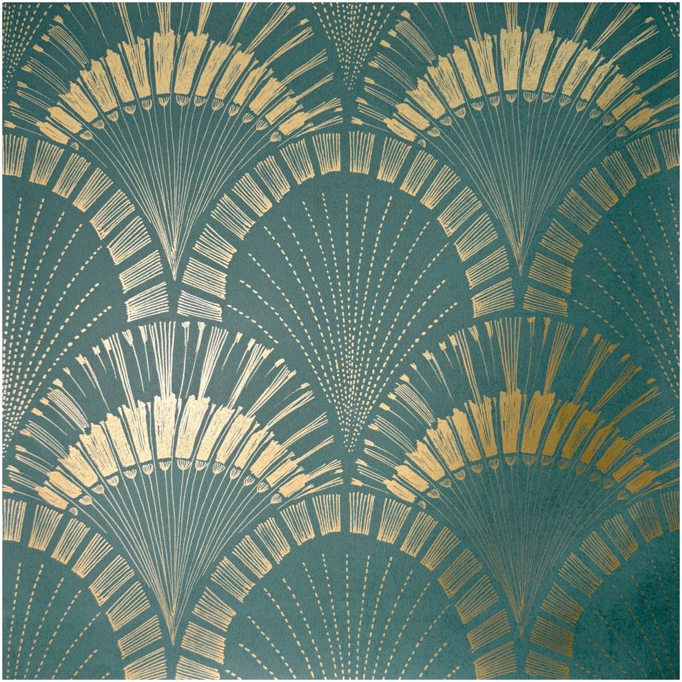 Art Deco Inspired Wallpaper Metallic Fan Print Classic Teal Gold Feature Wall - Image 3