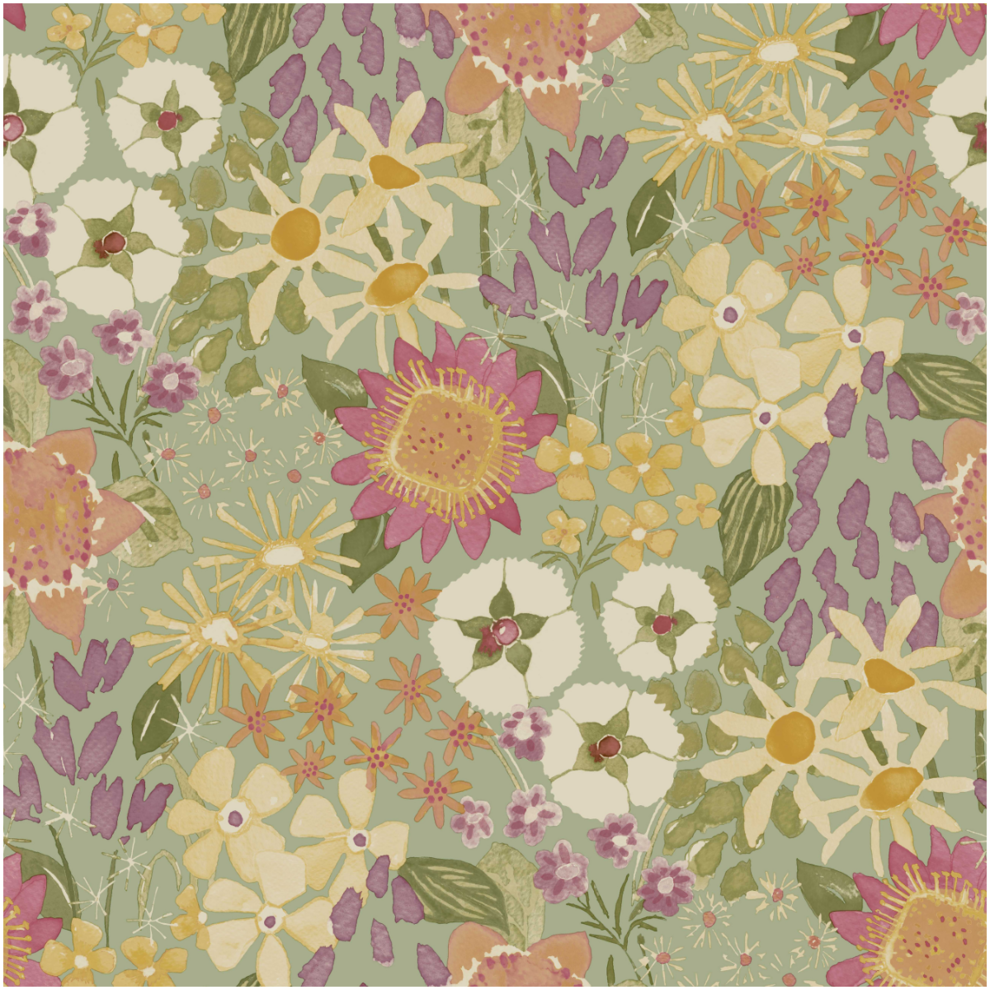 Spriggy Floral Wallpaper Flowers Watercolour Sage Green Pink Feature Wall - Image 3