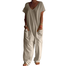 Jumpsuits for Women V Neck Short Sleeve Jumpsuit Casual-Khaki M