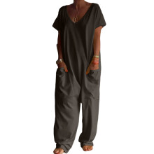 Jumpsuits for Women V Neck Short Sleeve Jumpsuit-Dark Grey M