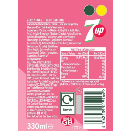 7UP Zero Pink Lemonade, 330ml can (Pack 24) 1